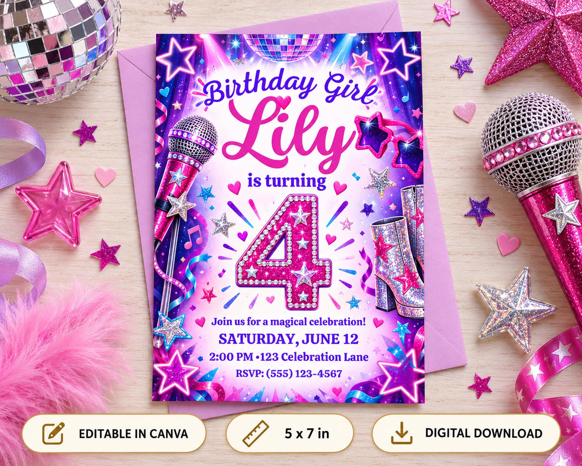 Birthday party invitation for a girl named Lily turning 4, featuring a disco ball, microphone, stars, and glittery decorations.
