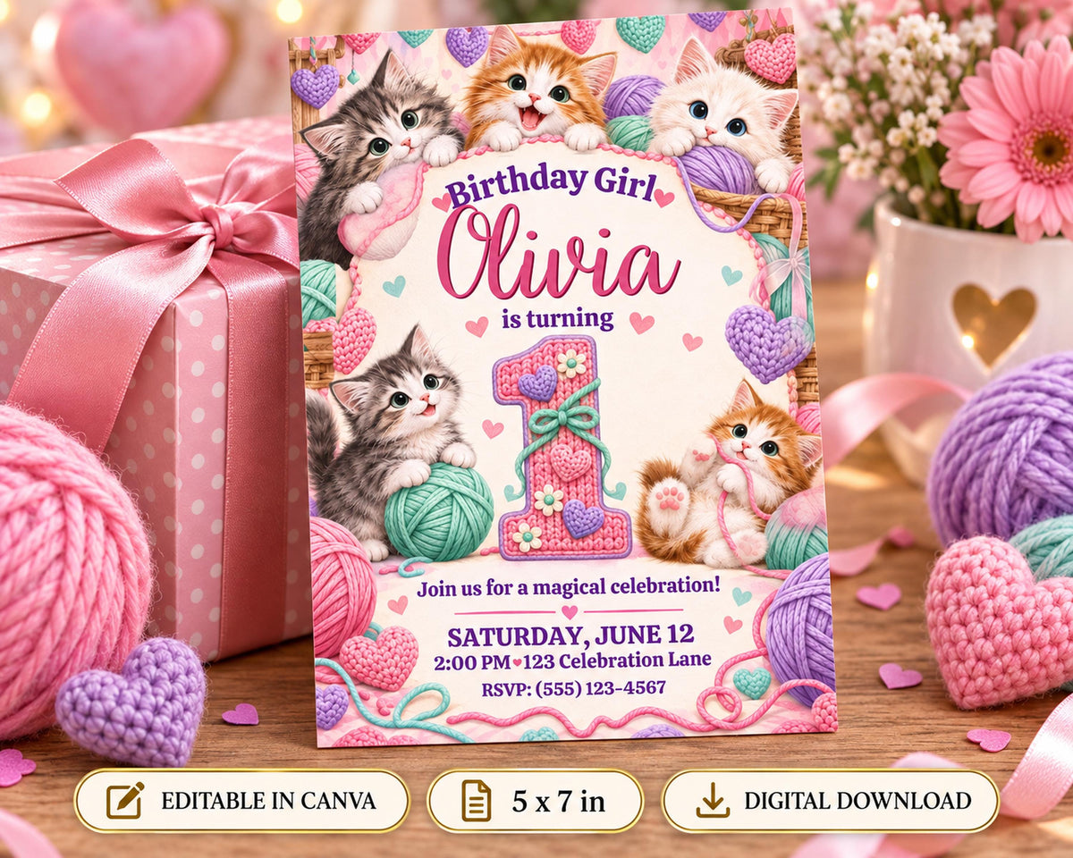 A birthday invitation featuring a cat theme, with illustrations of cats and hearts surrounding the text "Olivia is turning 1". The invitation is set against a background of pink and purple yarn balls, and there are flowers visible in the background.