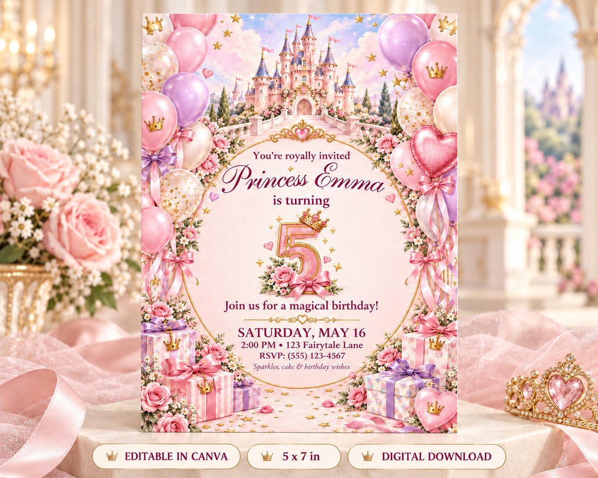 A pink and purple princess-themed birthday invitation for a 5-year-old girl named Emma, with a castle and balloons as the background.