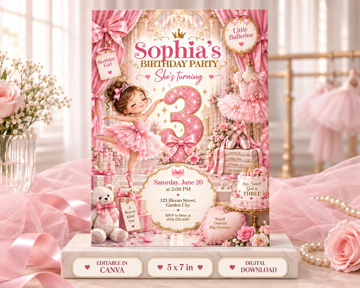 The image is a birthday party invitation featuring a young girl in a pink tutu and ballet slippers, with a large number 3 on the front. The background is decorated with pink flowers and other ballet-themed elements.