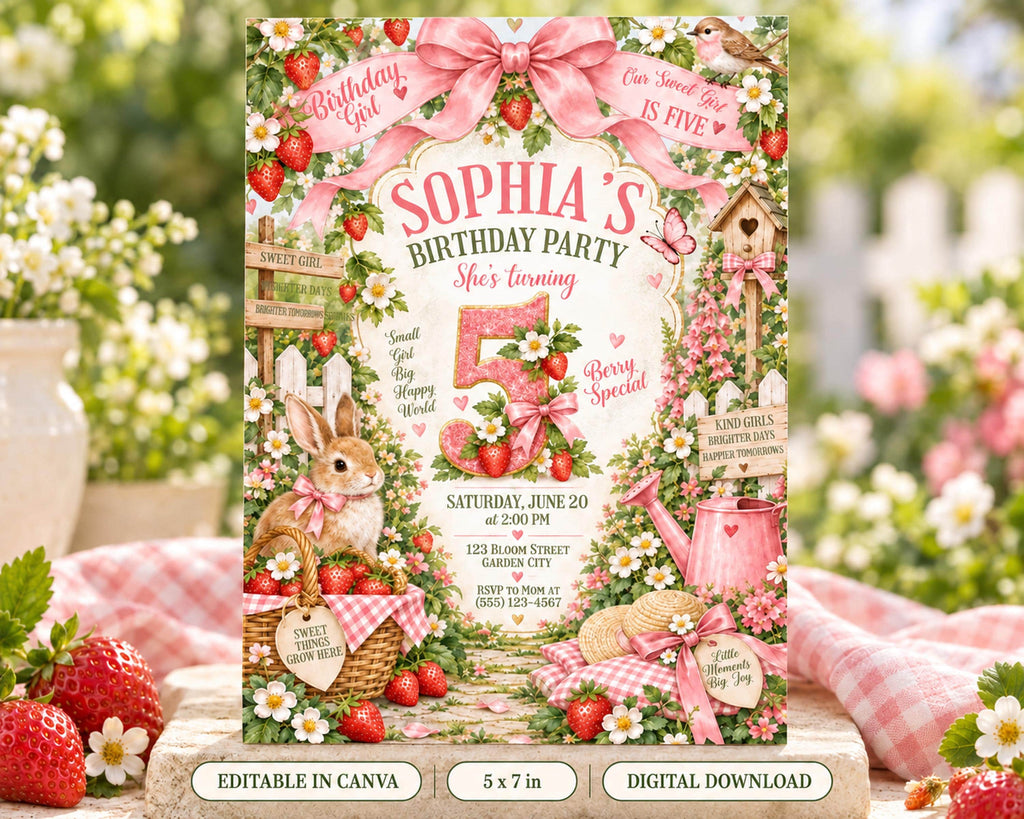 The image is a birthday party invitation featuring a garden theme with a rabbit, flowers, and a pink ribbon. The text on the invitation includes "Sophia's Birthday Party" and "Sweet Girl 5", along with details about the event, such as the date, time, location, and special treats.