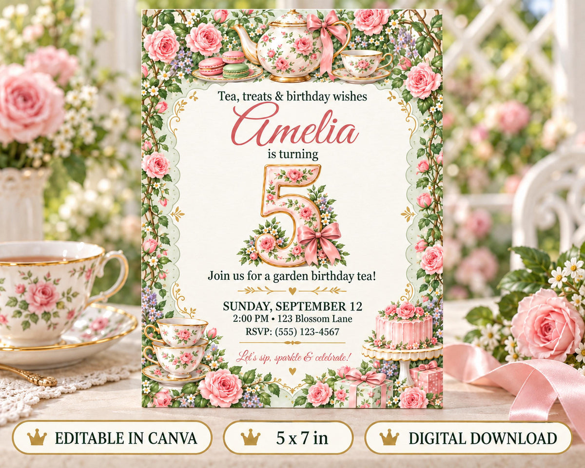 A birthday invitation for a girl named Amelia, featuring a floral design with teacups, roses, and a cake. The invitation is for a garden birthday tea party and includes details about the event, such as the date, time, location, and RSVP information.