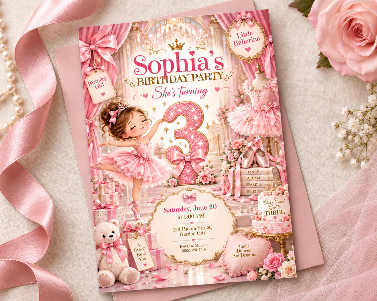 The image is a birthday party invitation featuring a young girl in a pink tutu, surrounded by various elements such as flowers, ribbons, and a crown.