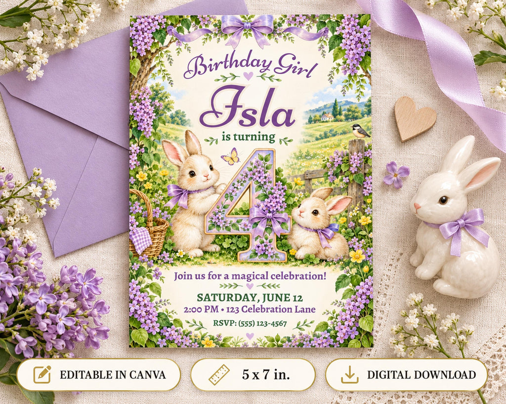 Birthday invitation for a girl named Isla, featuring a garden scene with rabbits, flowers, and a purple ribbon.