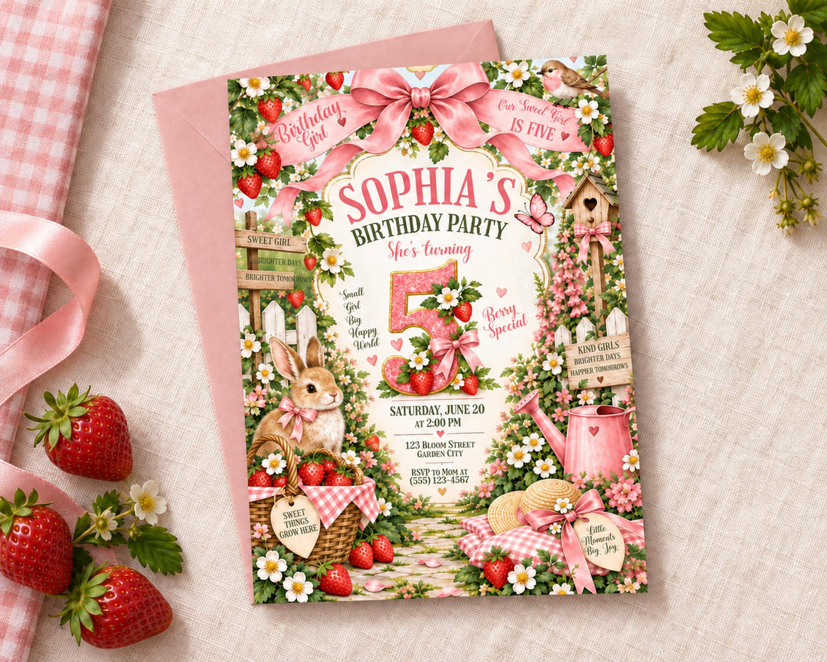 The image is a birthday party invitation featuring a pink and white color scheme with illustrations of a rabbit, flowers, and strawberries. The text on the invitation includes details about a birthday party for a girl named Sophia, including the date, time, location, and other event information.