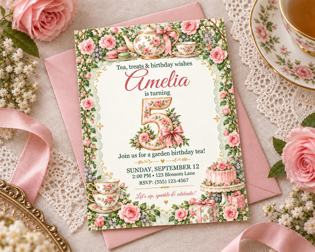 A pink invitation card for a tea party birthday celebration for a girl named Amelia, featuring a floral design and the number 5.