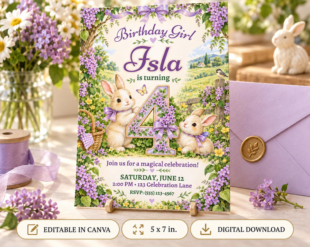 Birthday invitation for a girl named Isla, featuring illustrations of rabbits and flowers, with a purple and white color scheme.
