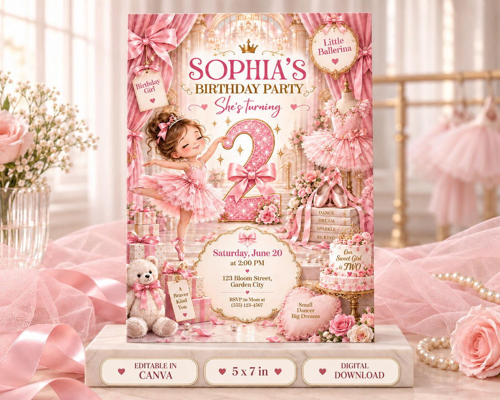 The image is a birthday party invitation featuring a young girl in a pink tutu, surrounded by various elements such as flowers, ribbons, and a teddy bear.