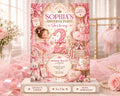 The image is a birthday party invitation featuring a young girl in a pink tutu, surrounded by various elements such as flowers, ribbons, and a teddy bear.