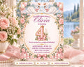 The image is a birthday invitation for a little girl named Olivia, featuring a pink and white color scheme with floral designs and balloons.
