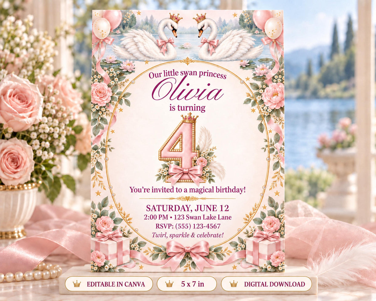 The image is a birthday invitation for a little girl named Olivia, featuring a pink and white color scheme with floral designs and balloons.