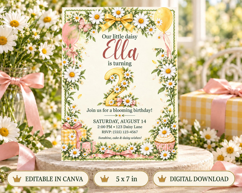 The image is a birthday invitation for a little girl named Ella, featuring a floral border and various decorations such as balloons and presents.