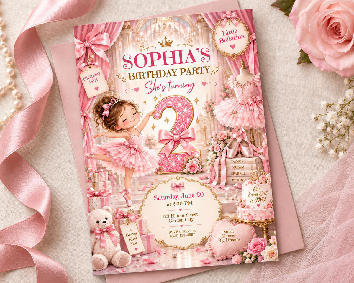 The image is a birthday party invitation featuring a young girl in a pink tutu, surrounded by various pink and white elements such as flowers, ribbons, and a teddy bear.