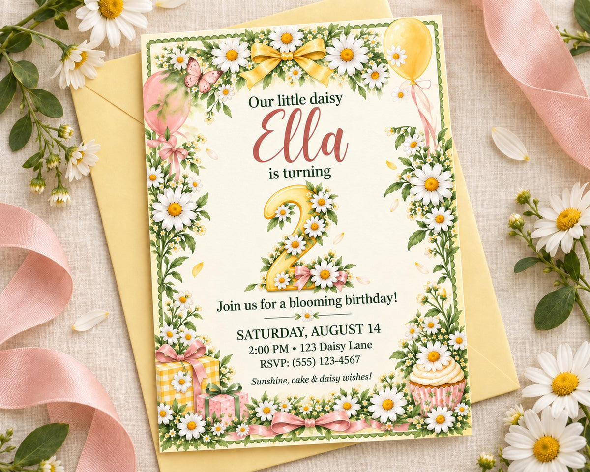 A birthday invitation for a little girl named Ella, featuring a floral border and a balloon design.