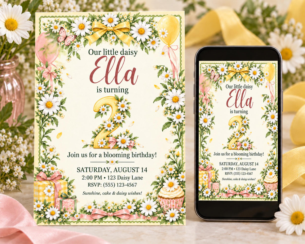 a birthday invitation for a little daisy named Ella, with a floral border and a balloon design. The invitation is for Ella's 2nd birthday and includes details about the event, such as the date, time, location, and RSVP information. The invitation is accompanied by a smartphone image of the same invitation, which is displayed on a table with flowers and ribbons.
