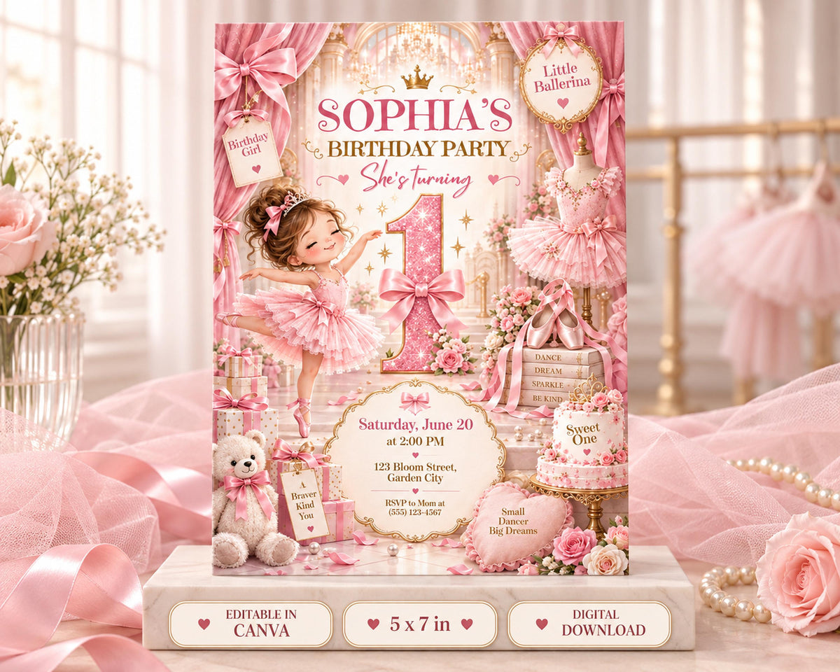 The image is a birthday party invitation featuring a young girl in a pink tutu, surrounded by various pink and white elements such as flowers, ribbons, and a teddy bear.