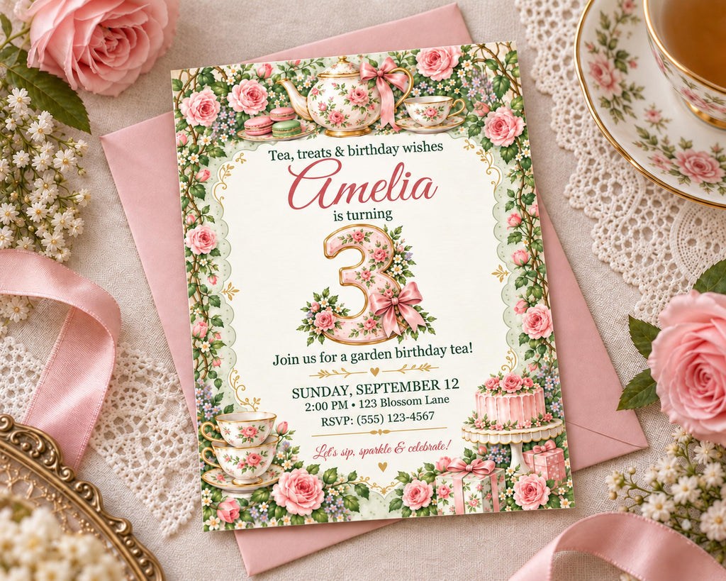 A birthday invitation for a girl named Amelia, featuring a floral design with teacups, roses, and lace. The invitation is for a garden birthday party on Sunday, September 12th at 2:00 PM at 123 Blossom Lane, RSVP - 553-123-4567. The invitation also invites guests to "Let's up, party & celebrate!"