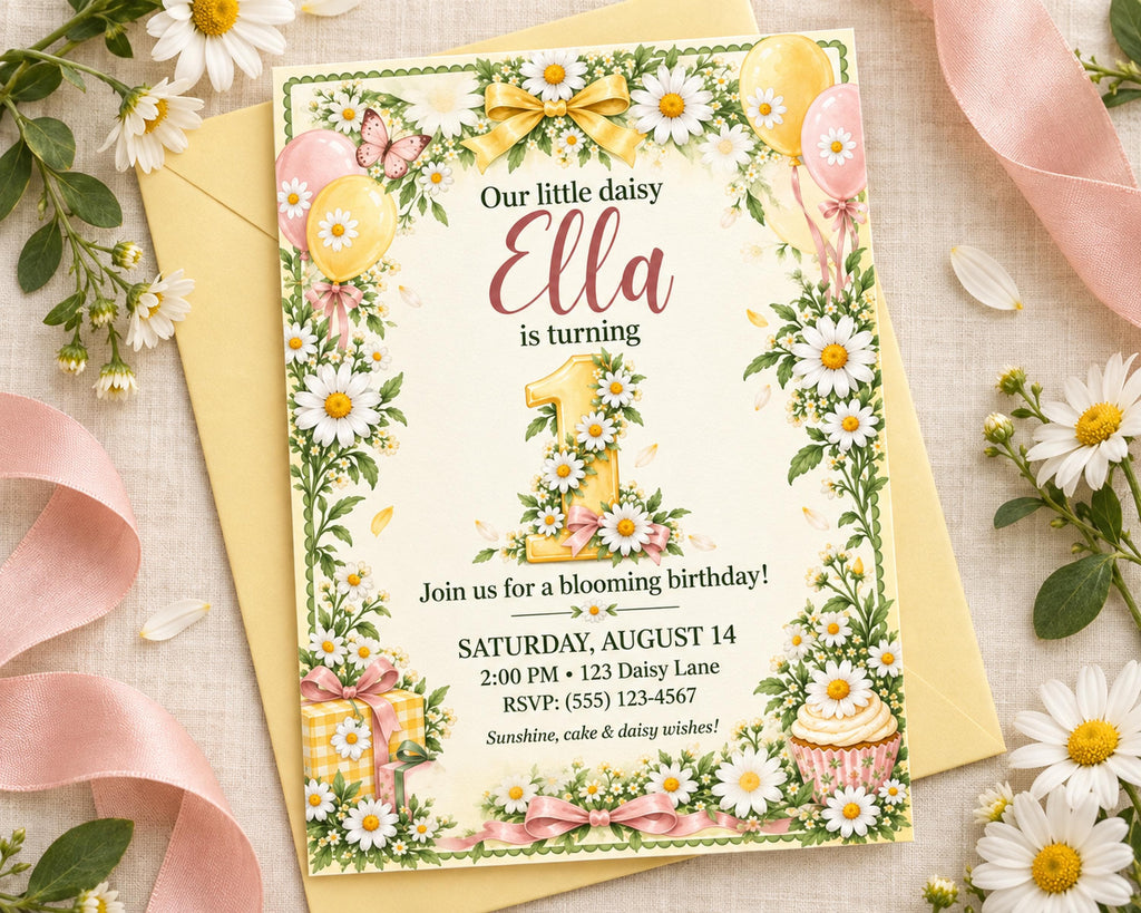 The image is a birthday invitation for a little girl named Ella, featuring a floral border and decorations, including balloons and a cupcake.