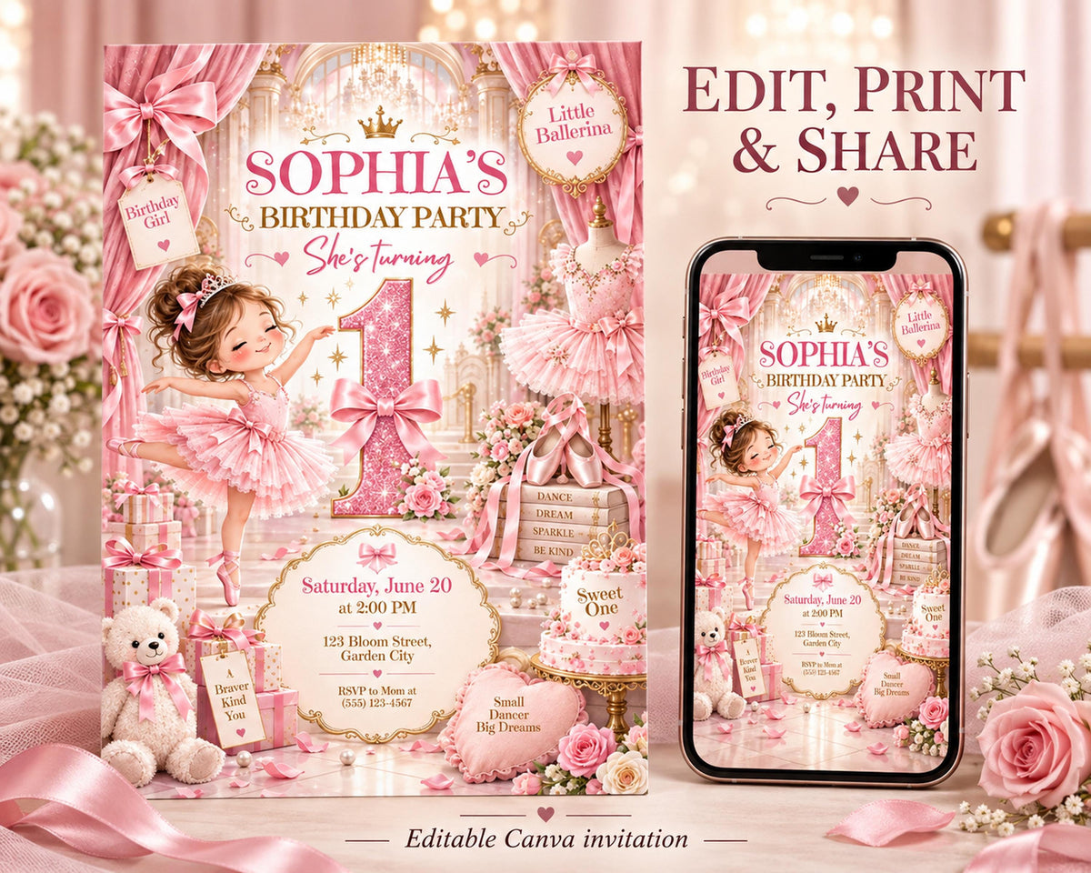 The image is a birthday party invitation featuring a young girl in a pink tutu and ballet slippers, with a pink and gold theme. The invitation includes details about the event, such as the date, time, location, and a description of the theme.