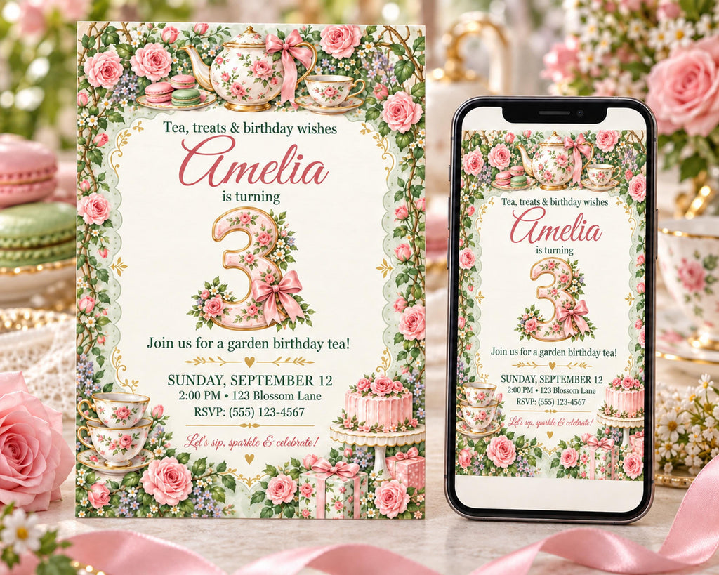 a birthday invitation for a girl named Amelia, with a floral design and a teapot theme. The invitation is for a garden birthday tea party, and it includes details about the event, such as the date, time, location, and RSVP information.