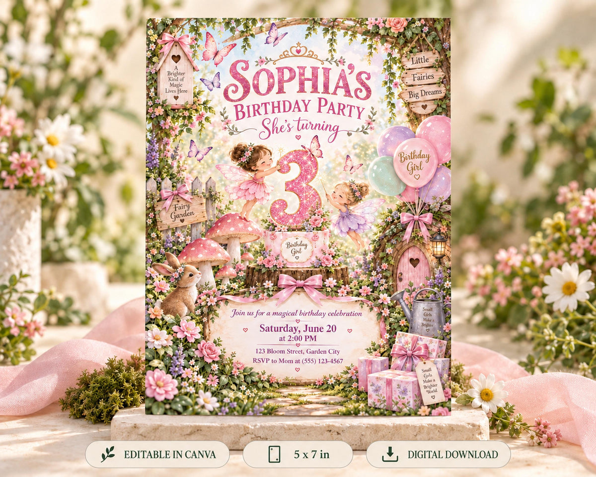 The image is a birthday party invitation featuring a whimsical and magical theme with a young girl's age of 3. The invitation is surrounded by flowers and butterflies, creating a fairy tale-like atmosphere.