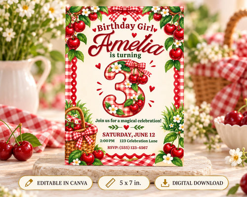 A birthday invitation for a girl named Amelia, featuring a red and white checkered border, a number 3, and various fruits and flowers.