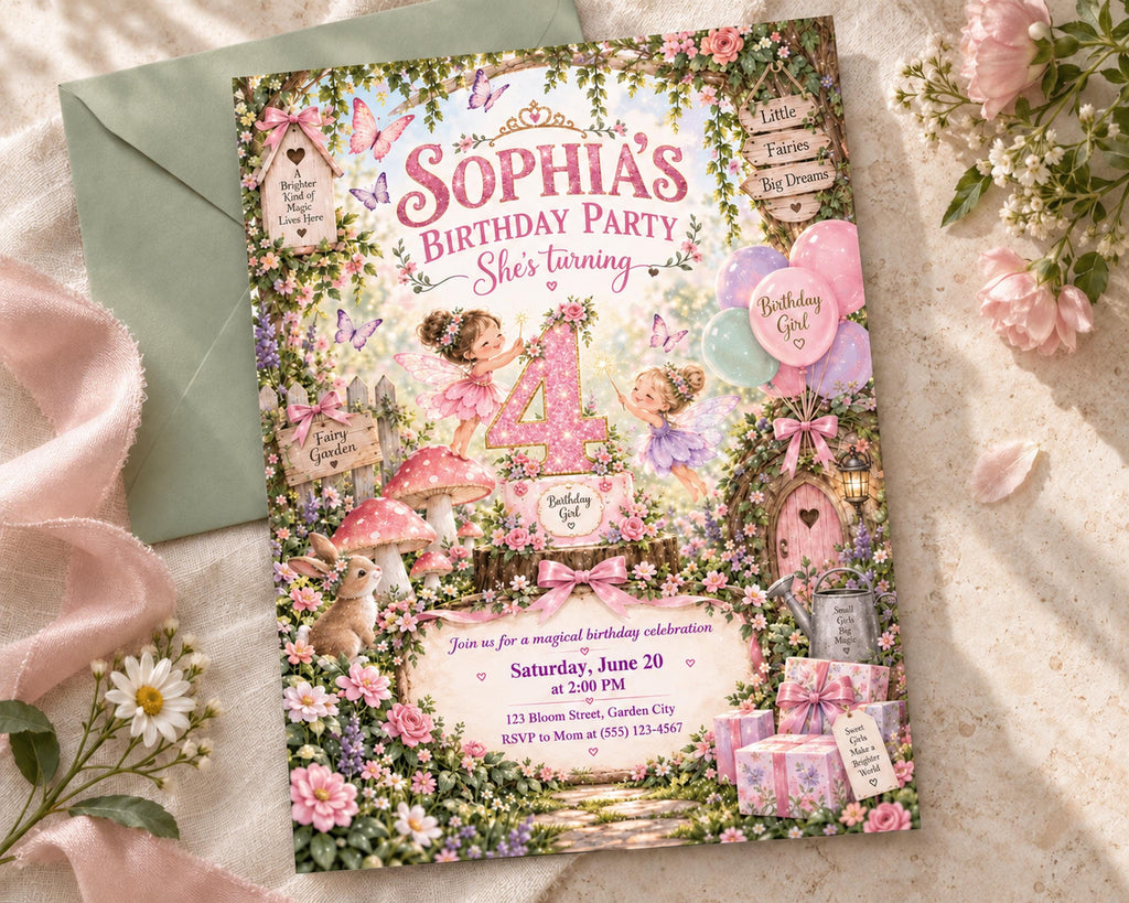 The image is a birthday party invitation featuring a whimsical forest theme with a young girl's number 4, butterflies, flowers, and a fairy.