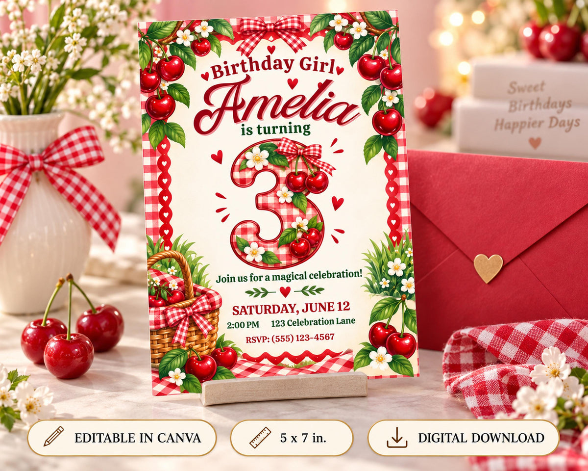 Birthday party invitation for a girl named Amelia, featuring a red and white checkered border, cherries, and a basket.