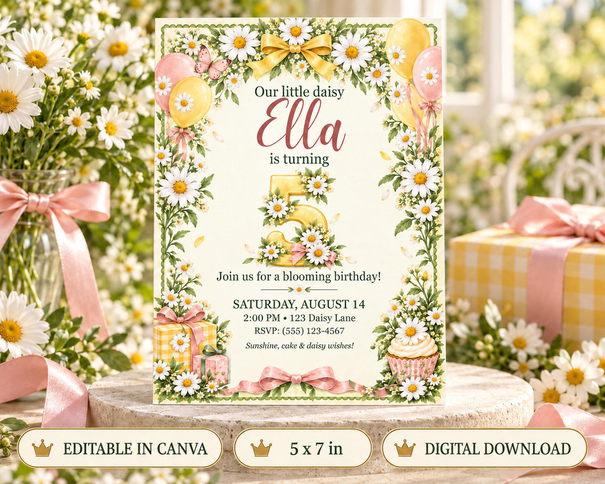 The image is a birthday invitation for a little girl named Ella, featuring a floral border and balloons. The invitation is for a 5th birthday party and includes details about the event, such as the date, time, location, and RSVP instructions.