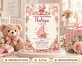 A birthday invitation for a girl named Melissa, featuring a pink and white floral design with teddy bears and balloons. The invitation is for a sweet little girl's birthday party and includes details about the event, such as the date, time, and location.
