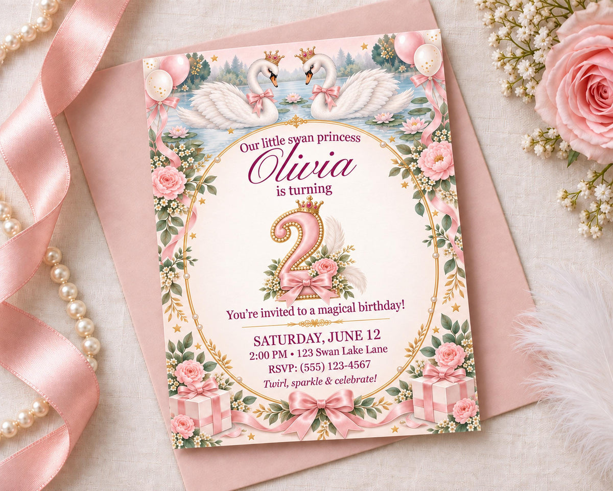 A pink birthday invitation card for a little girl named Olivia's second birthday, featuring a princess theme with swans, flowers, and a number 2.