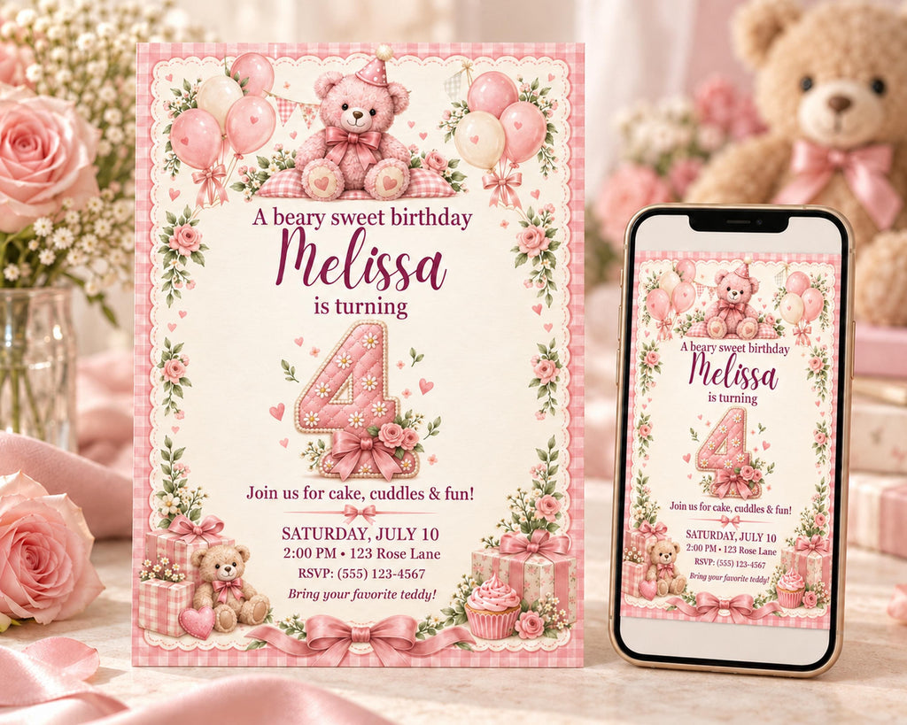 A pink birthday invitation for Melissa's 4th birthday party, featuring a teddy bear, balloons, and a cake.