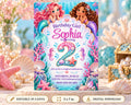 Birthday party invitation featuring mermaids and seashells, with the text "Birthday Girl Sophia is turning 2" and details about the celebration.