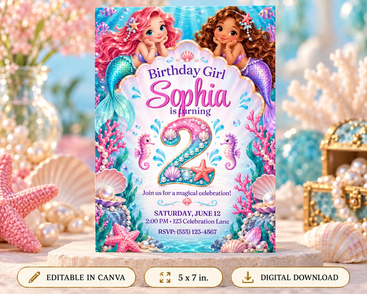 Birthday party invitation featuring mermaids and seashells, with the text "Birthday Girl Sophia is turning 2" and details about the celebration.