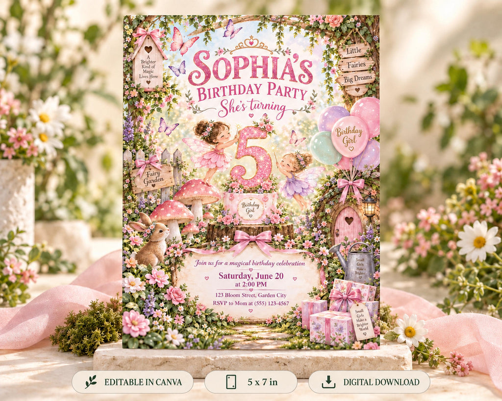 The image is a birthday party invitation featuring a whimsical and magical theme with elements such as fairies, mushrooms, and flowers.