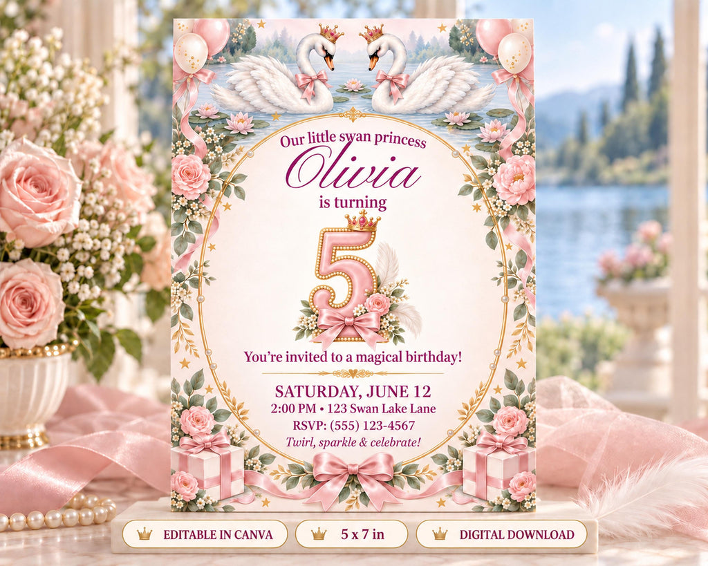 A pink and white birthday invitation for a little girl named Olivia, celebrating her fifth birthday.