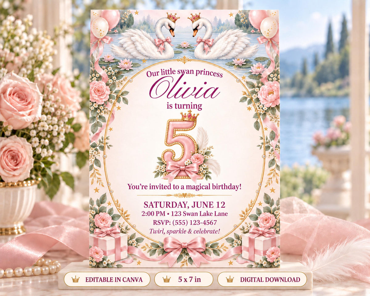 A pink and white birthday invitation for a little girl named Olivia, celebrating her fifth birthday.