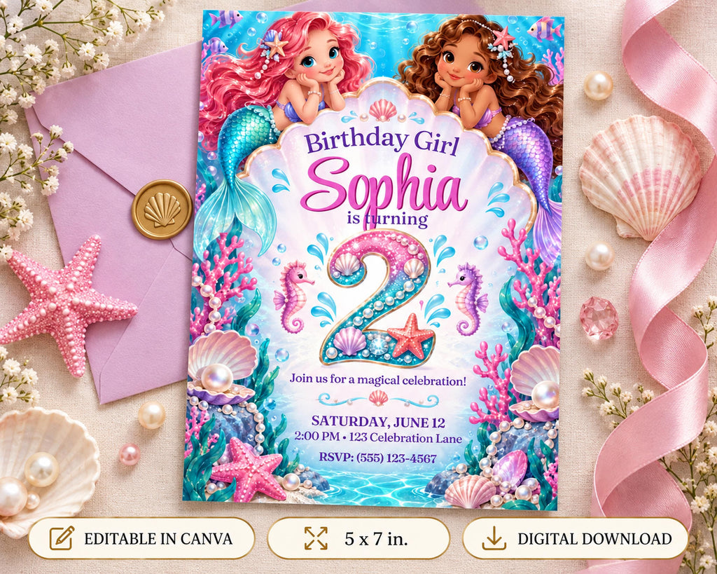 Birthday party invitation featuring mermaid characters and underwater elements, with a focus on the name "Sophia" and the age of 2.