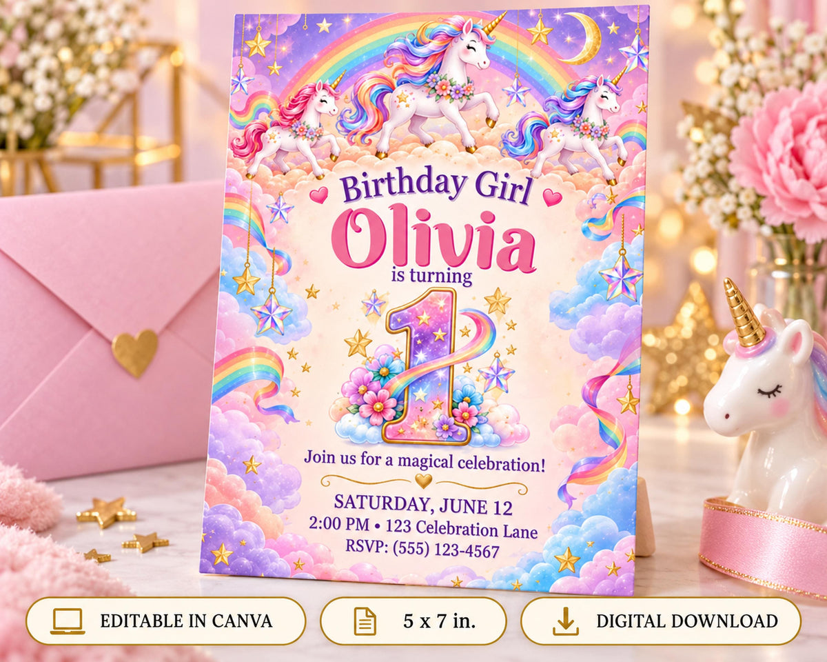 A birthday invitation for a girl named Olivia, featuring a unicorn theme with a rainbow and stars. The invitation is pink and has a unicorn illustration, and it is displayed on a table with a vase of flowers and a pink envelope.