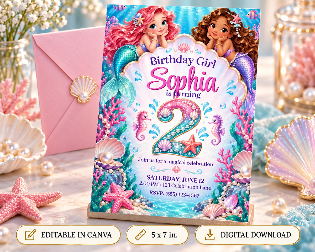 Birthday party invitation featuring mermaid characters and underwater elements, with the text "Birthday Girl Sophia is farming" and details about the event.