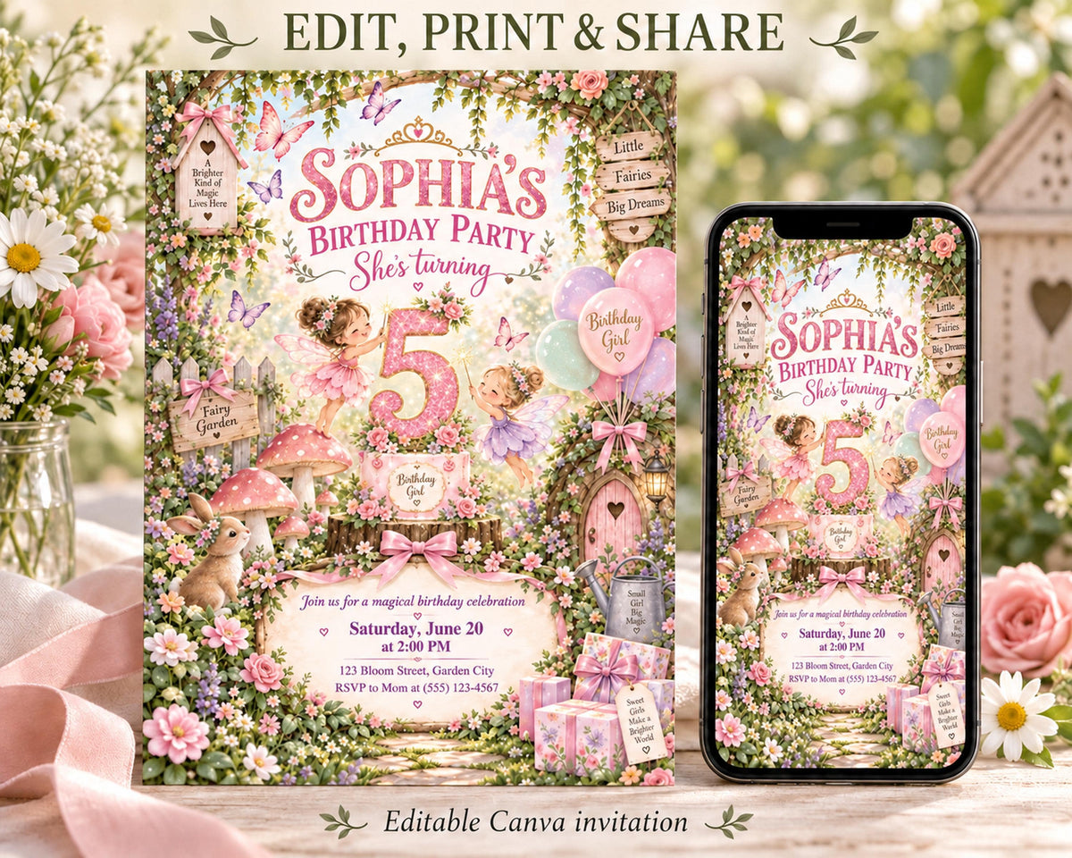 The image is a birthday party invitation featuring a whimsical forest theme with a young girl turning five. The invitation is designed to be edited, printed, and shared on a smartphone.