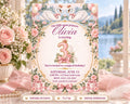The image is a birthday invitation for a little girl named Olivia, featuring a pink and white color scheme with floral designs and balloons.