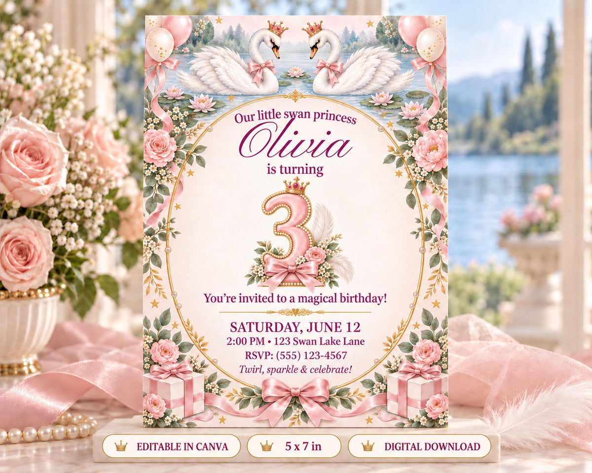 The image is a birthday invitation for a little girl named Olivia, featuring a pink and white color scheme with floral designs and balloons.