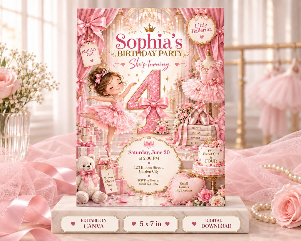 The image is a birthday party invitation featuring a young girl in a pink tutu, surrounded by various elements such as flowers, tiaras, and a crown.