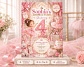 The image is a birthday party invitation featuring a young girl in a pink tutu, surrounded by various elements such as flowers, tiaras, and a crown.