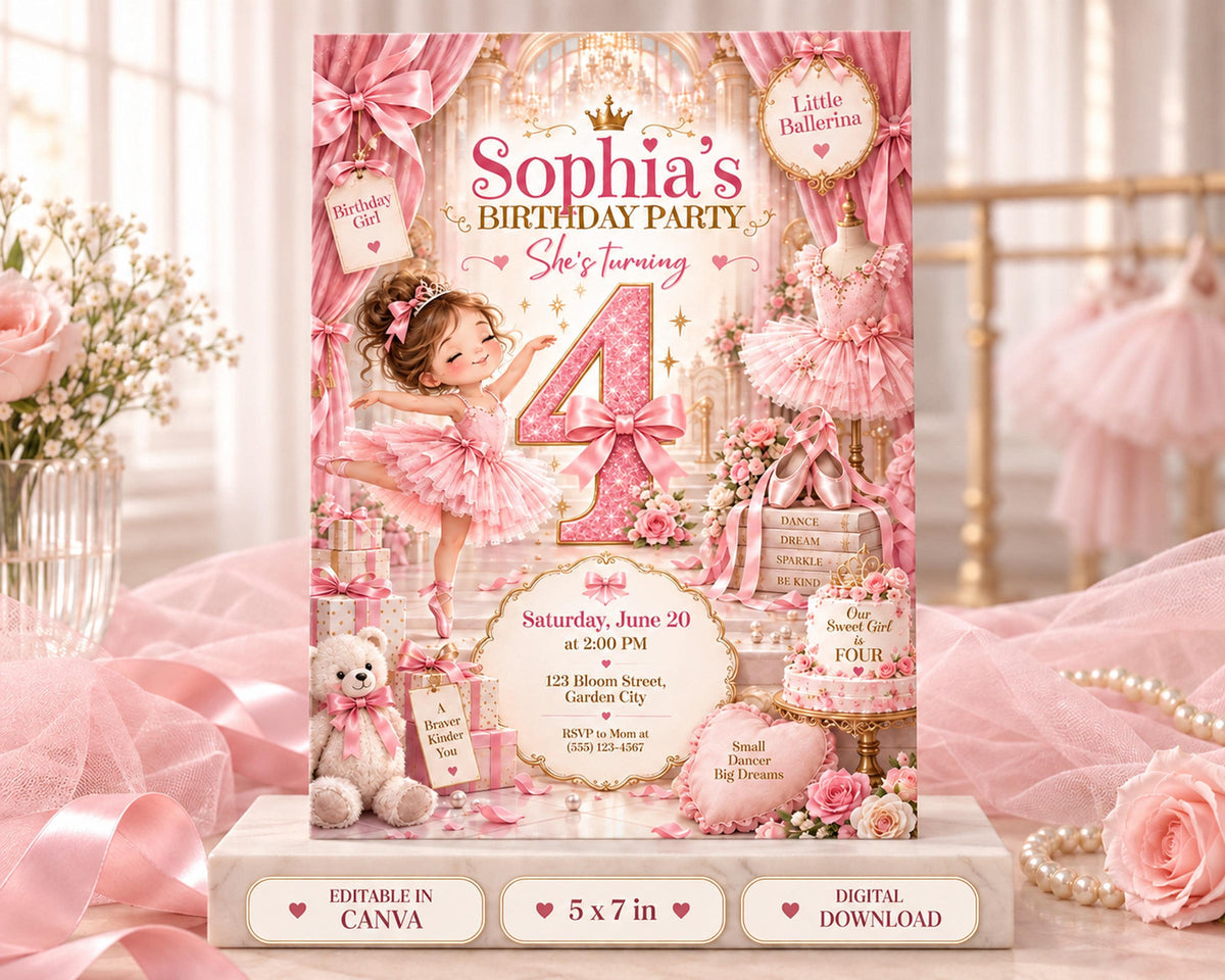 The image is a birthday party invitation featuring a young girl in a pink tutu, surrounded by various elements such as flowers, tiaras, and a crown.