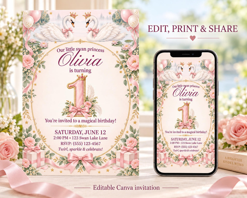 The image is a birthday invitation for a girl named Olivia, which includes a printed invitation card and a digital version displayed on a smartphone.