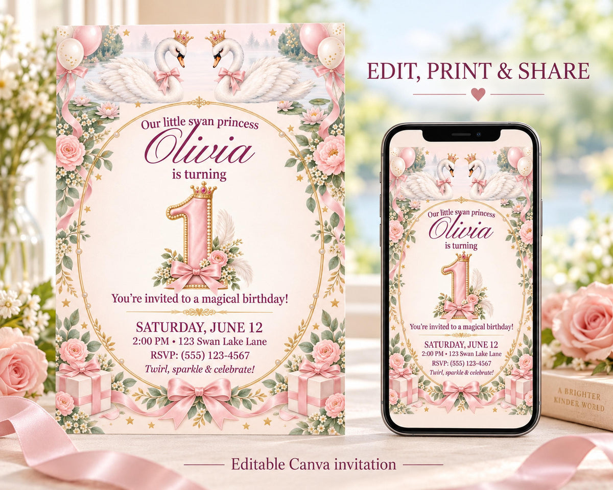 The image is a birthday invitation for a girl named Olivia, which includes a printed invitation card and a digital version displayed on a smartphone.