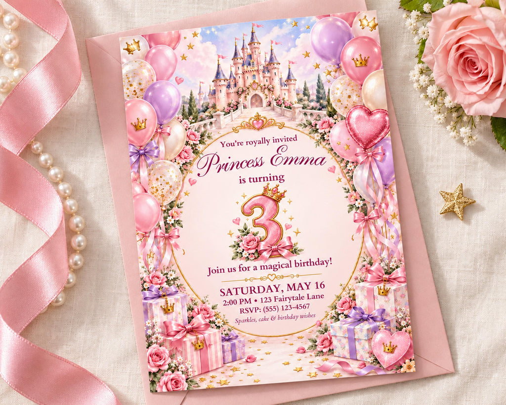 A pink birthday invitation for Princess Emma's 3rd birthday party, featuring a castle, balloons, and presents.