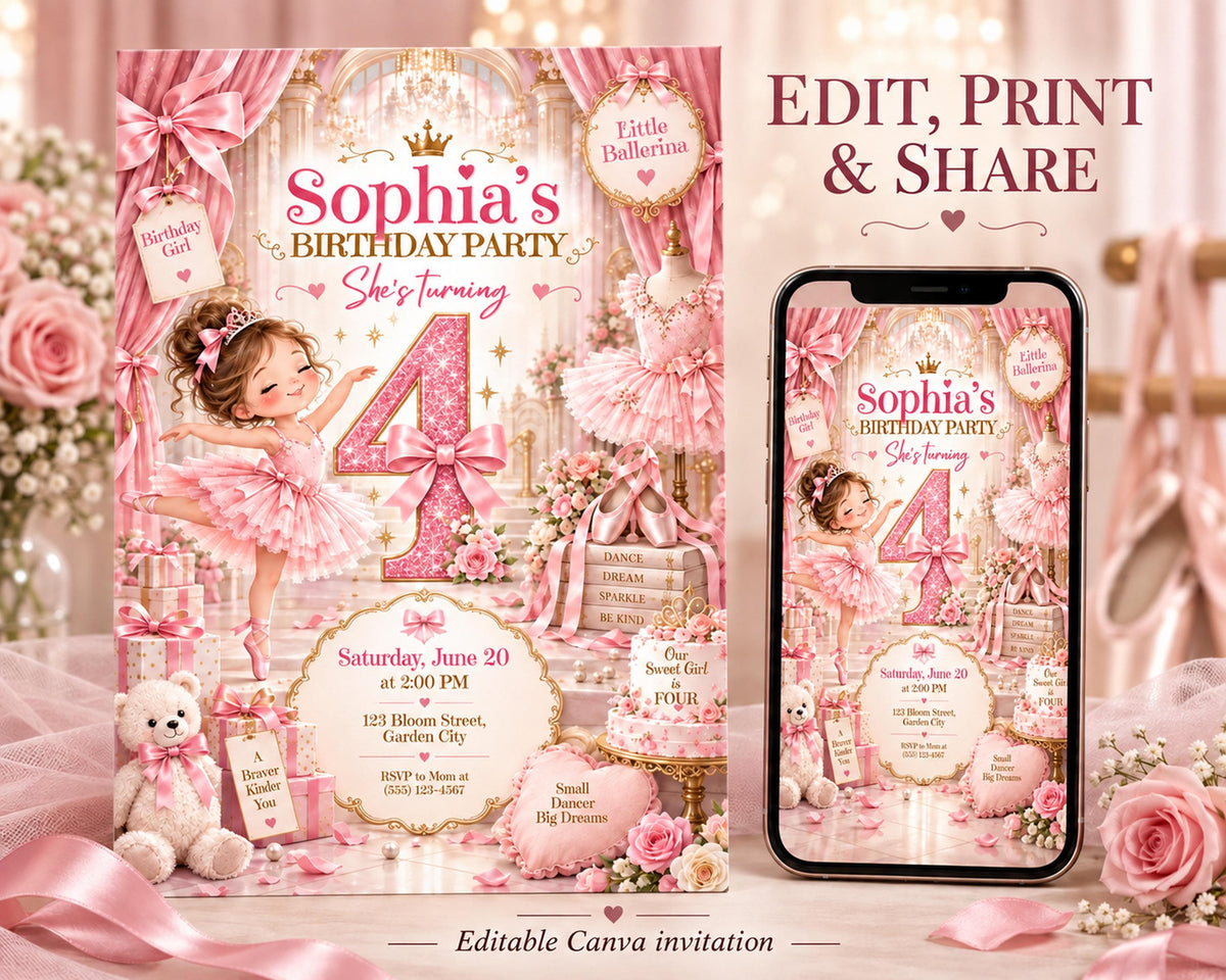 The image is a birthday party invitation featuring a young girl in a pink tutu, surrounded by pink flowers and other decorative elements.